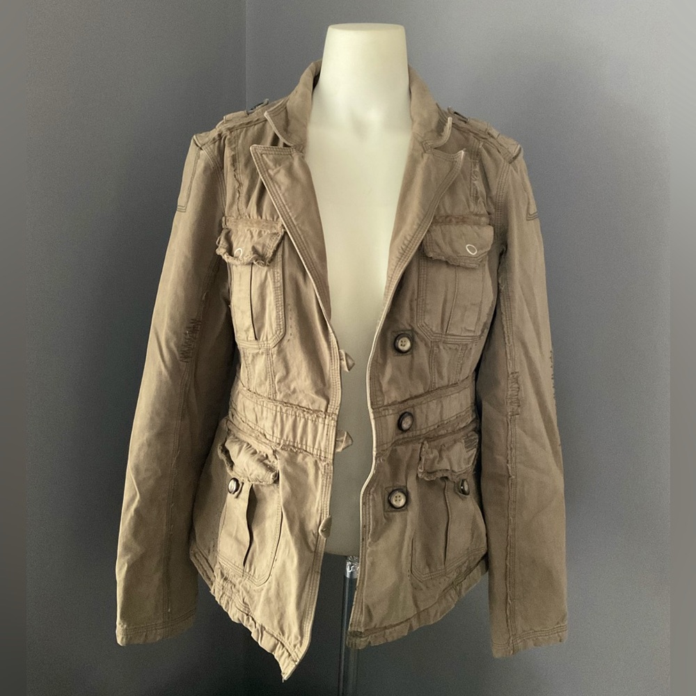 VINTAGE ● Triple Five Soul ● Olive Green Distressed Utility Jacket ● Y2K